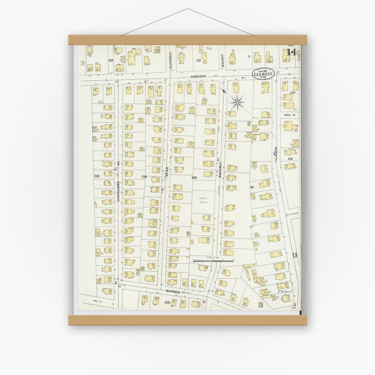 Old map wall art mockup — magnetic wood frame on white wall — Sanborn Fire Insurance Map from Everett, Middlesex County, Massachusetts (1897), Sheet #0014