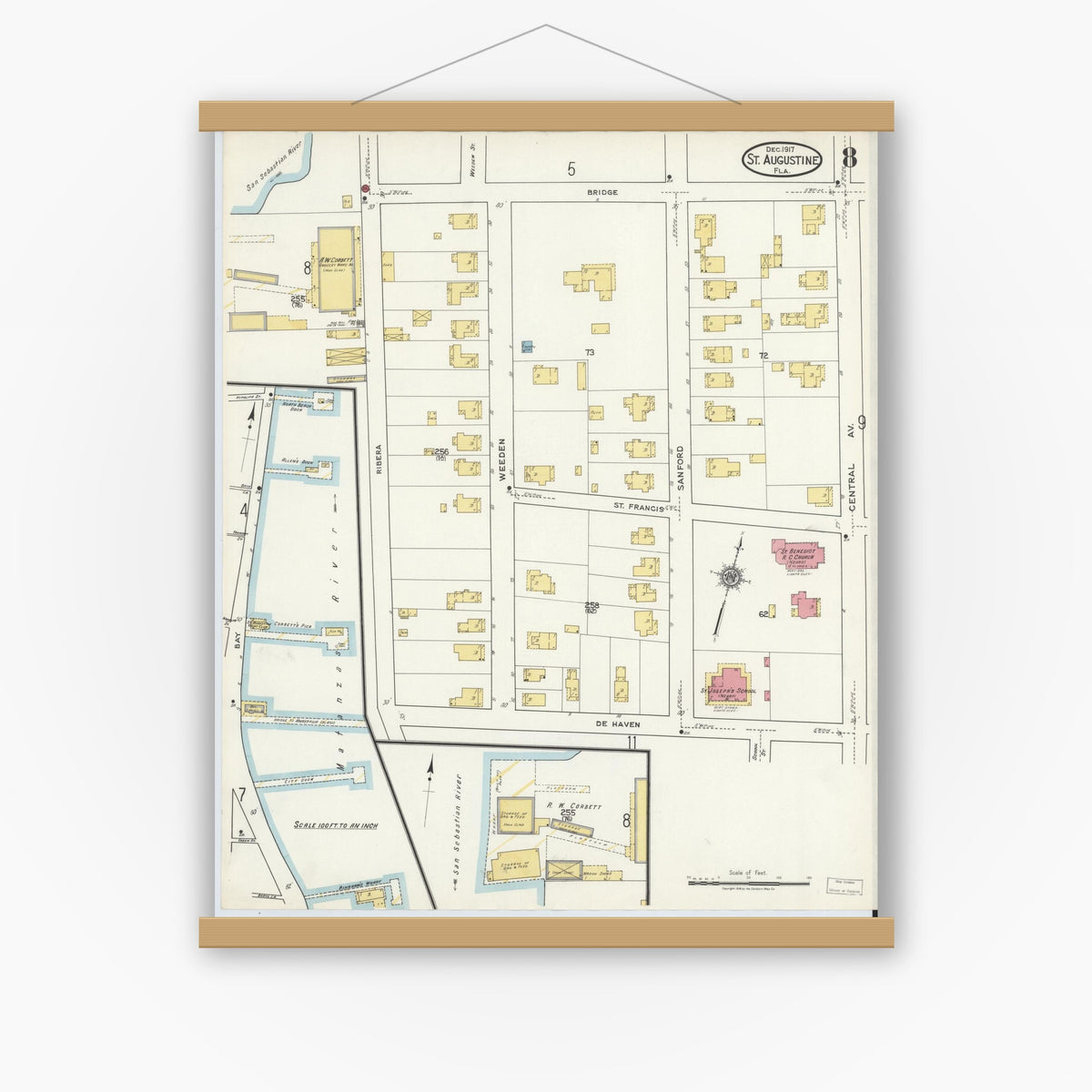 Old map wall art mockup — magnetic wood frame on white wall — Sanborn Fire Insurance Map from Saint Augustine, Saint John's County, Florida (1917), Sheet #0008