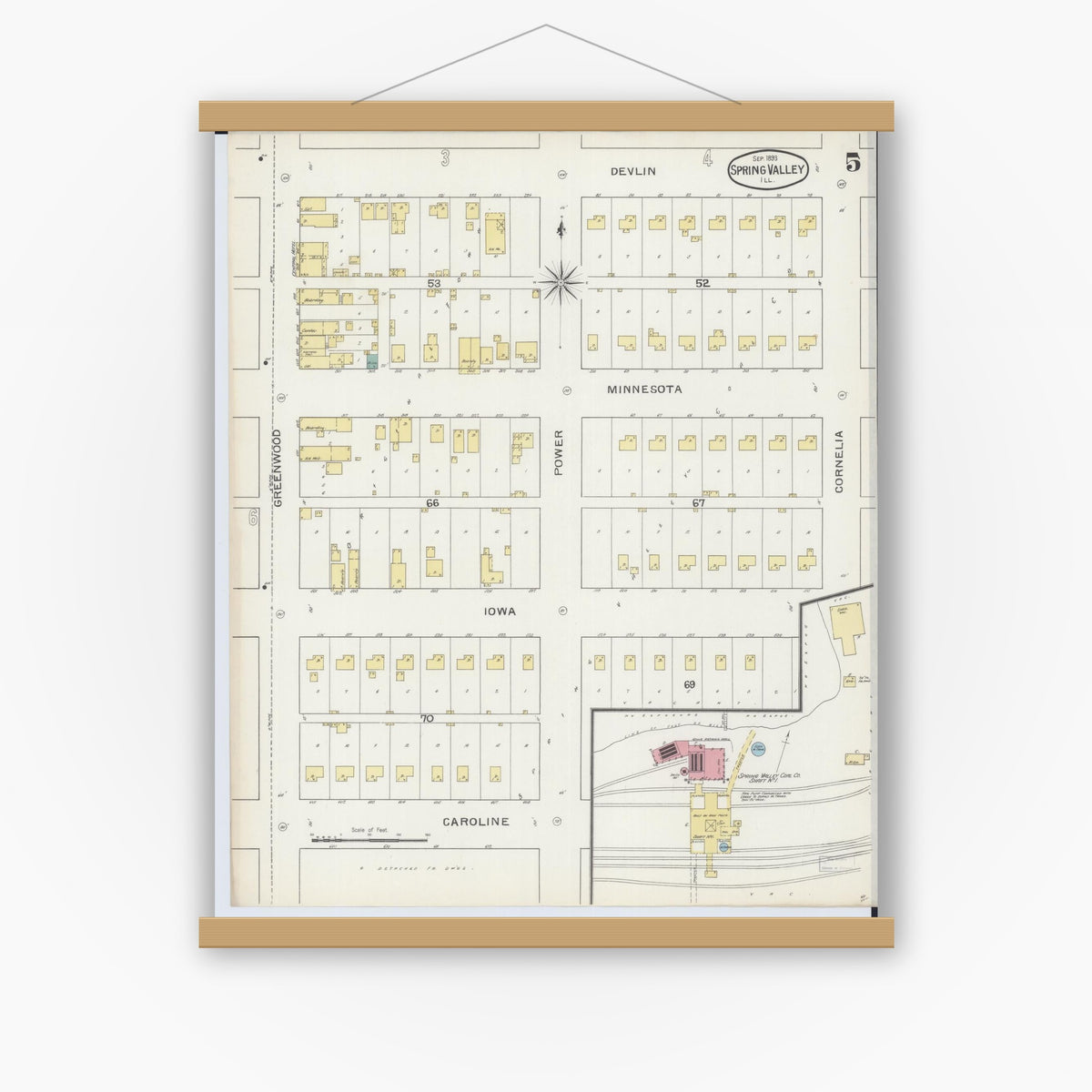 Old map wall art mockup — magnetic wood frame on white wall — Sanborn Fire Insurance Map from Spring Valley, Bureau County, Illinois (1893), Sheet #0005