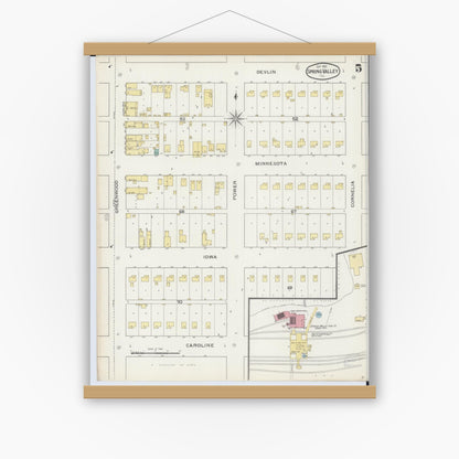 Old map wall art mockup — magnetic wood frame on white wall — Sanborn Fire Insurance Map from Spring Valley, Bureau County, Illinois (1893), Sheet #0005