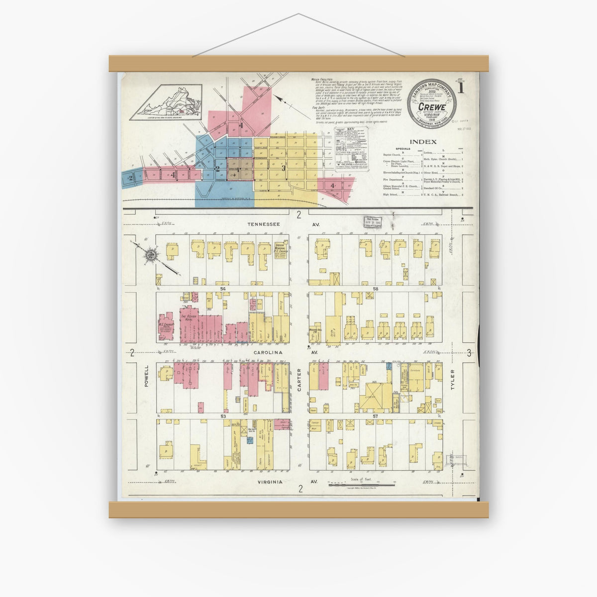 Old map wall art mockup — magnetic wood frame on white wall — Sanborn Fire Insurance Map from Crewe, Nottoway County, Virginia (1918) - Complete Map Set