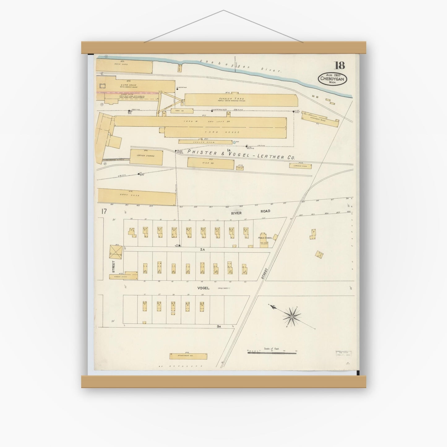 Old map wall art mockup — magnetic wood frame on white wall — Sanborn Fire Insurance Map from Cheboygan, Cheboygan County, Michigan (1907), Sheet #0018