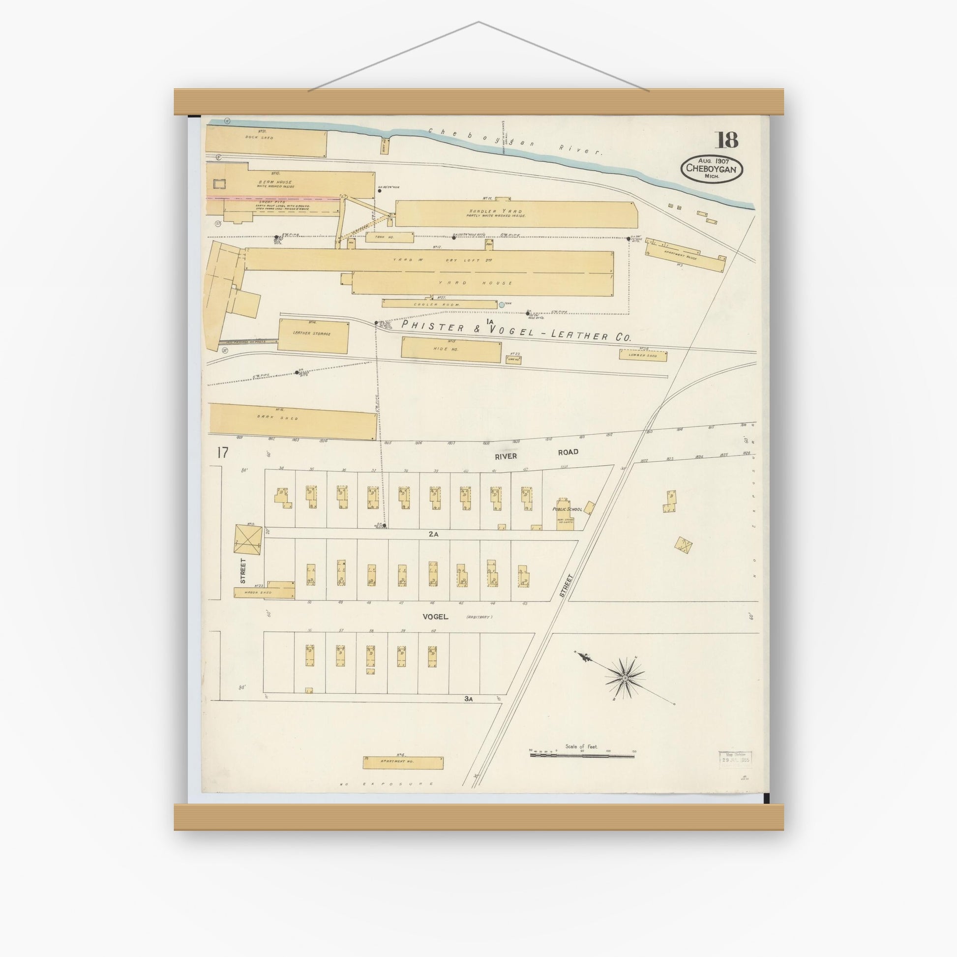 Old map wall art mockup — magnetic wood frame on white wall — Sanborn Fire Insurance Map from Cheboygan, Cheboygan County, Michigan (1907), Sheet #0018