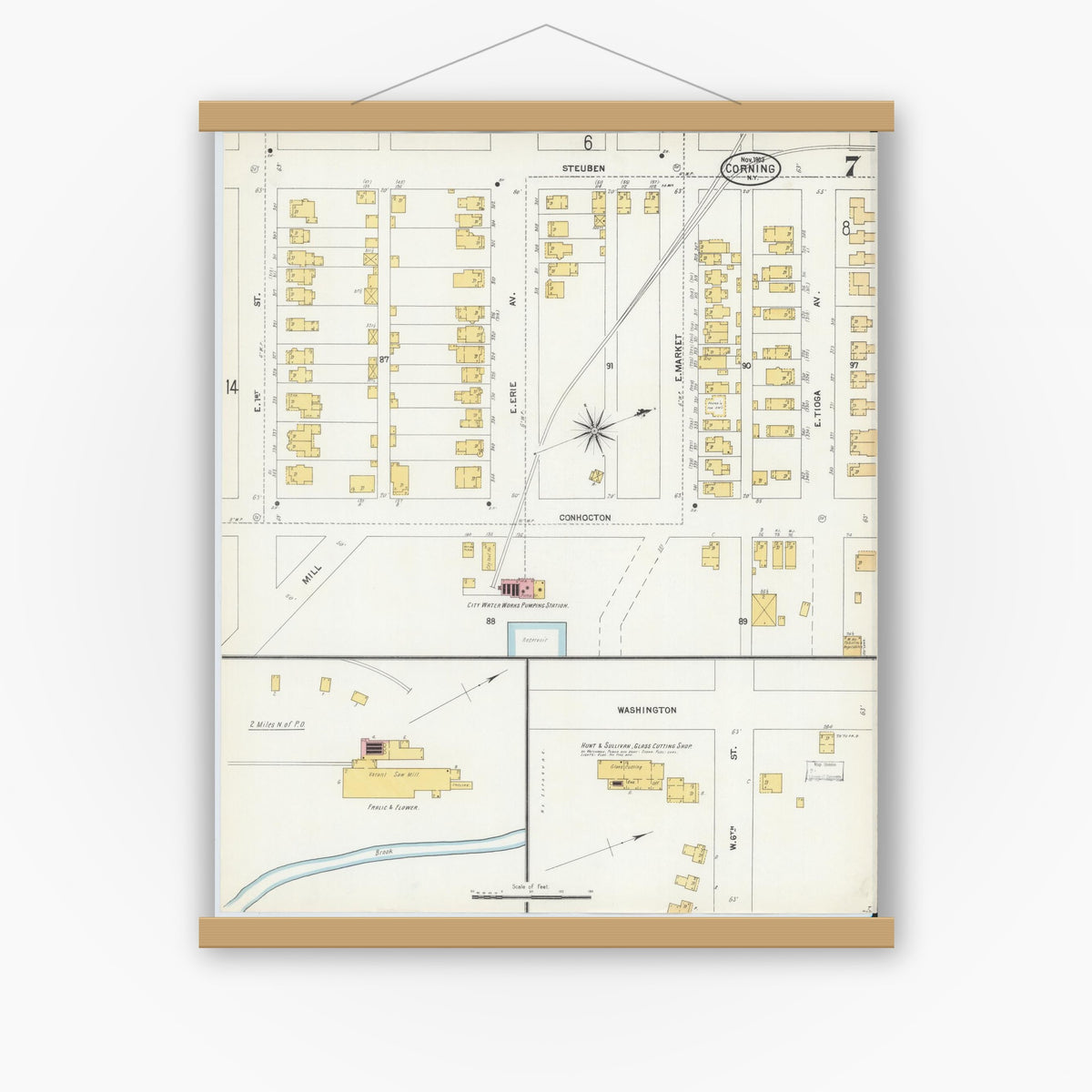 Old map wall art mockup — magnetic wood frame on white wall — Sanborn Fire Insurance Map from Corning, Steuben County, New York (1903), Sheet #0007