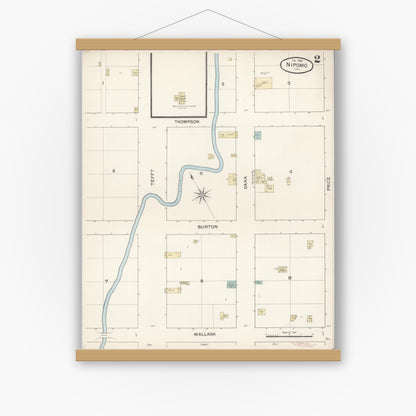Old map wall art mockup — magnetic wood frame on white wall — Sanborn Fire Insurance Map from Nipomo, San Luis Obispo County, California (1888), Sheet #0002