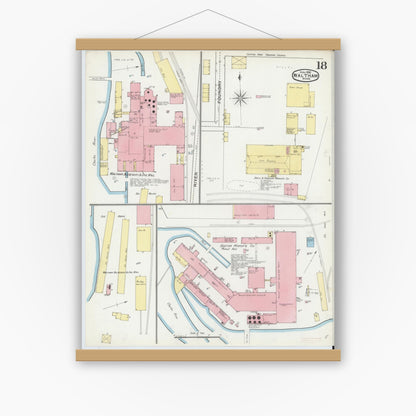 Old map wall art mockup — magnetic wood frame on white wall — Sanborn Fire Insurance Map from Waltham, Middlesex County, Massachusetts (1892), Sheet #0018