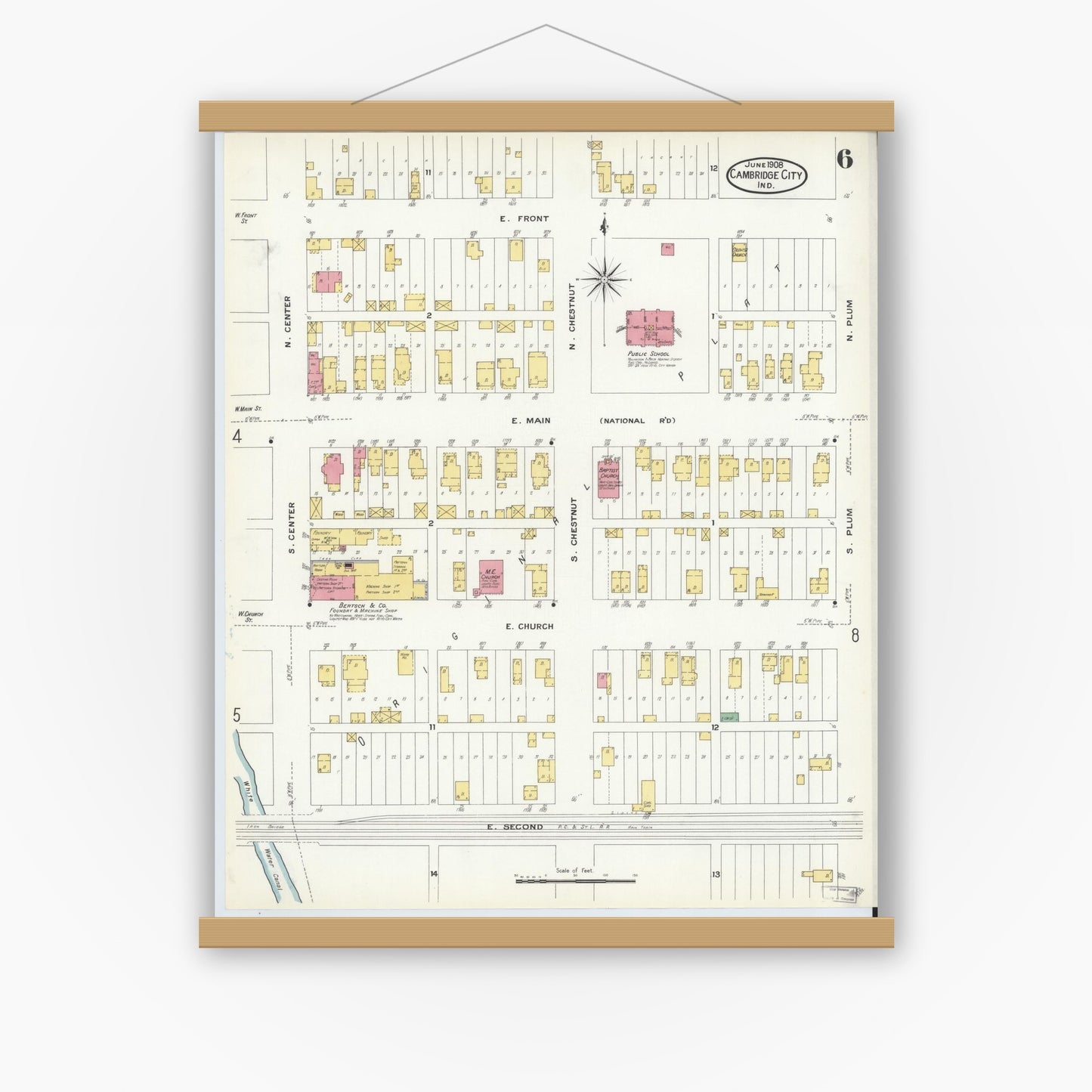 Old map wall art mockup — magnetic wood frame on white wall — Sanborn Fire Insurance Map from Cambridge City, Wayne County, Indiana (1908), Sheet #0006