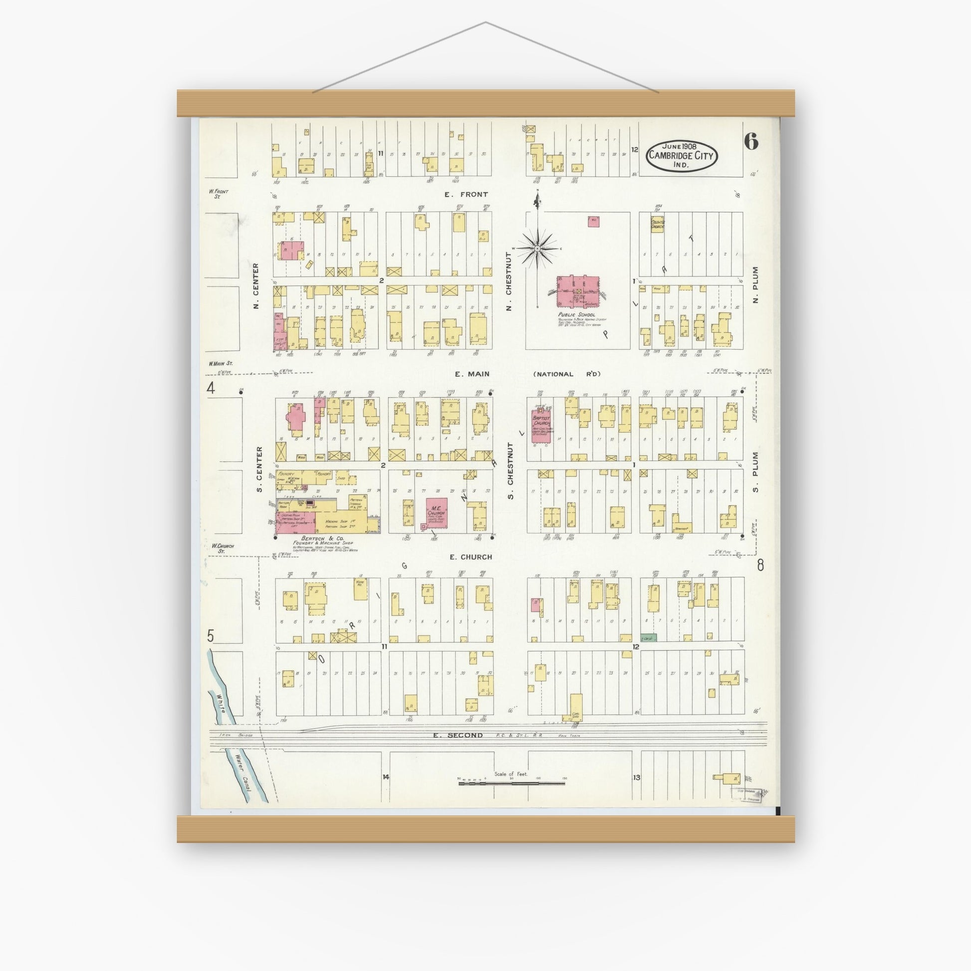 Old map wall art mockup — magnetic wood frame on white wall — Sanborn Fire Insurance Map from Cambridge City, Wayne County, Indiana (1908), Sheet #0006