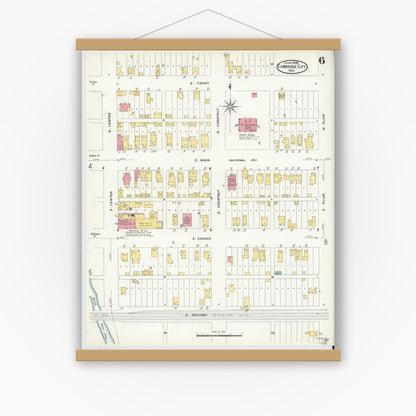 Old map wall art mockup — magnetic wood frame on white wall — Sanborn Fire Insurance Map from Cambridge City, Wayne County, Indiana (1908), Sheet #0006