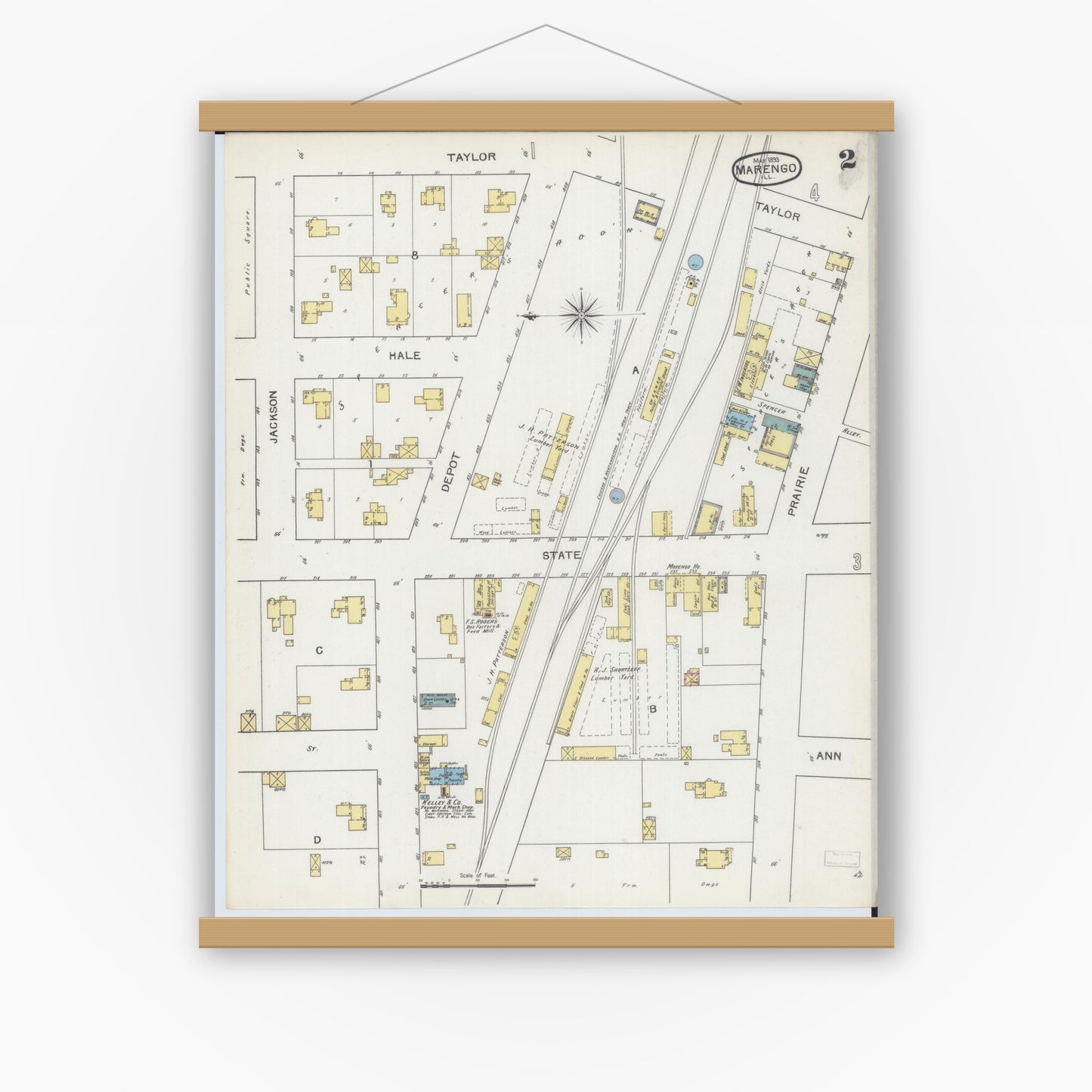 Old map wall art mockup — magnetic wood frame on white wall — Sanborn Fire Insurance Map from Marengo, McHenry County, Illinois (1893), Sheet #0002