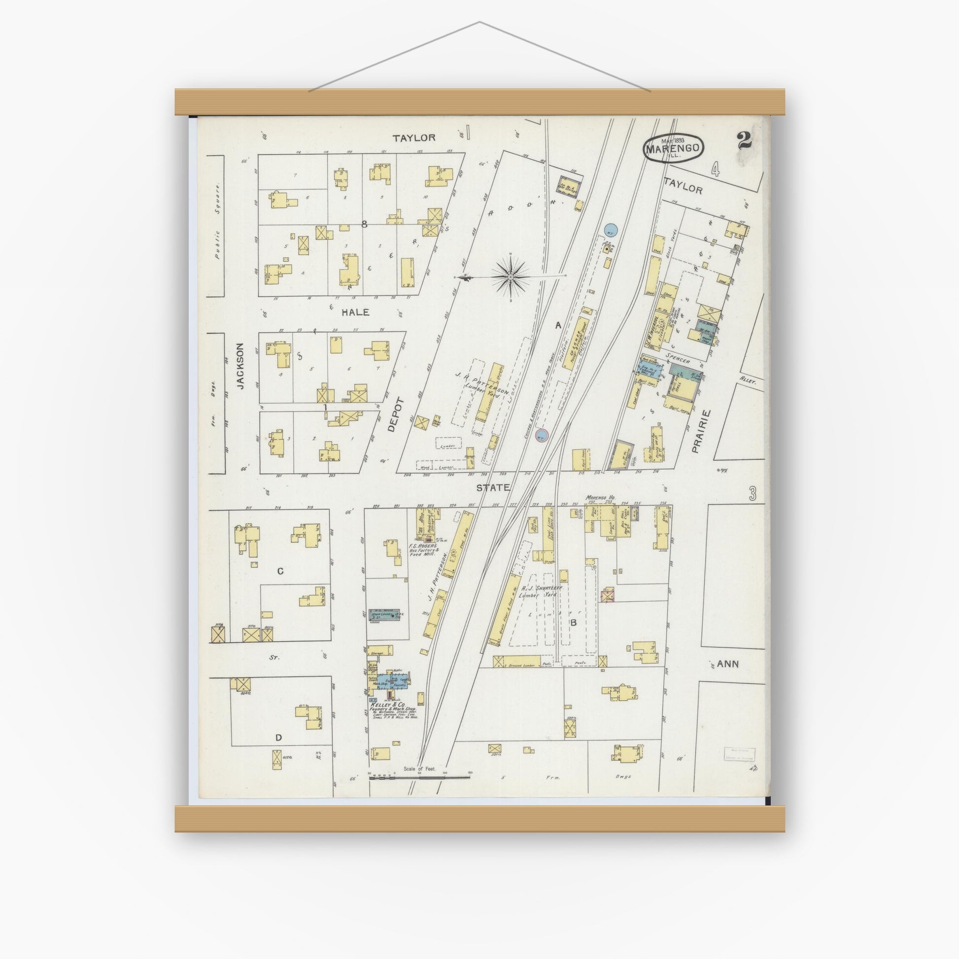 Old map wall art mockup — magnetic wood frame on white wall — Sanborn Fire Insurance Map from Marengo, McHenry County, Illinois (1893), Sheet #0002