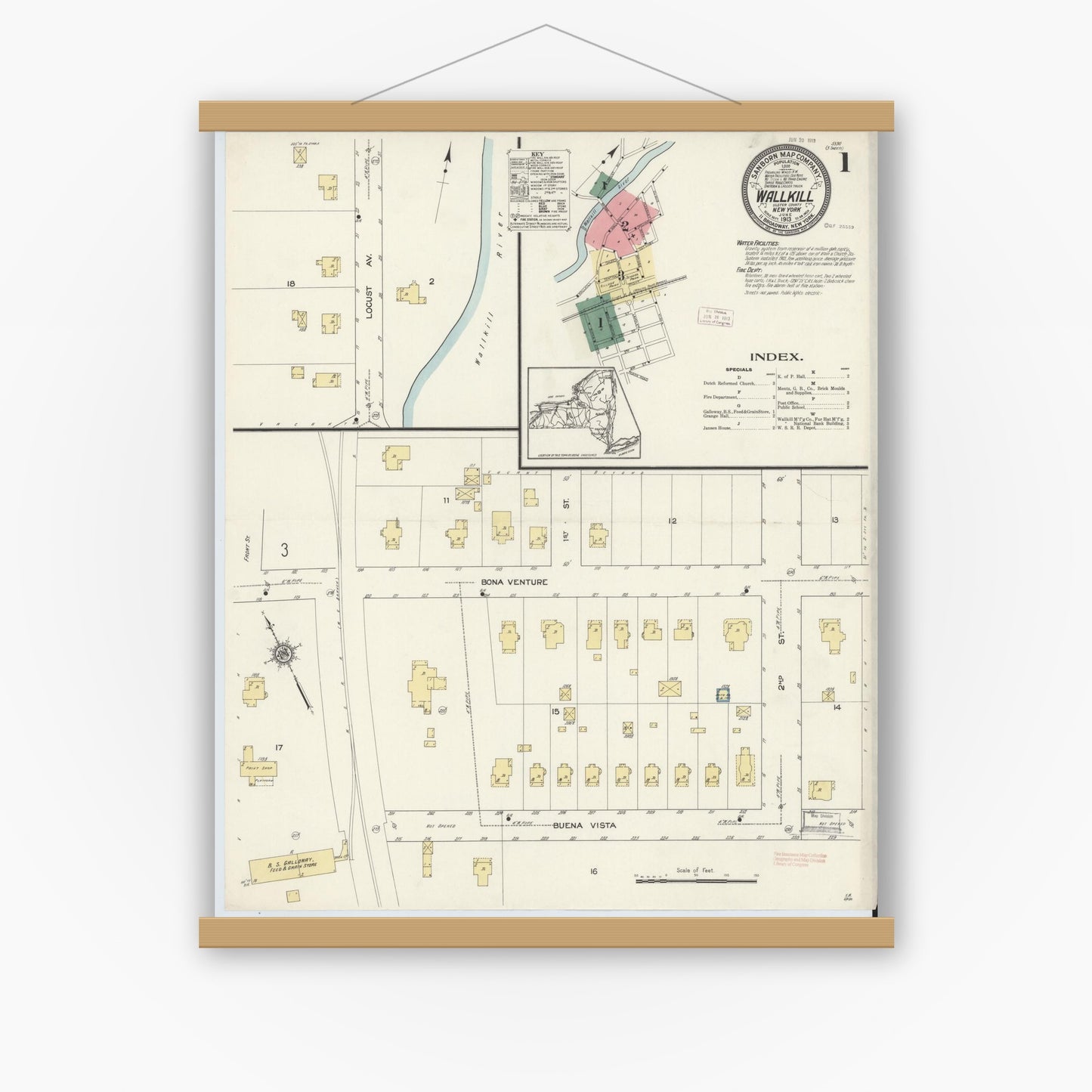 Old map wall art mockup — magnetic wood frame on white wall — Sanborn Fire Insurance Map from Wallkill, Ulster County, New York (1913) - Complete Map Set