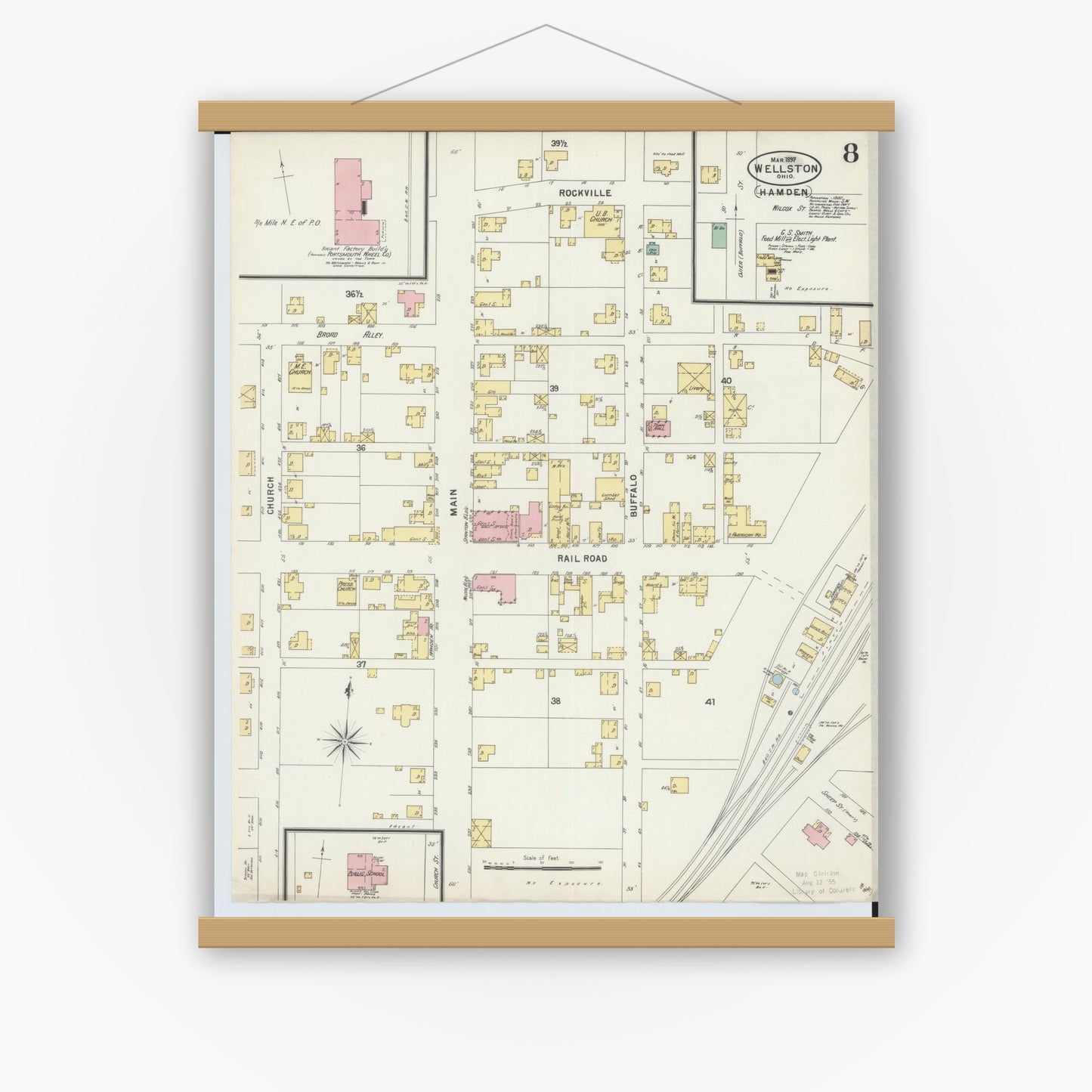 Old map wall art mockup — magnetic wood frame on white wall — Sanborn Fire Insurance Map from Wellston, Jackson County, Ohio (1897), Sheet #0008