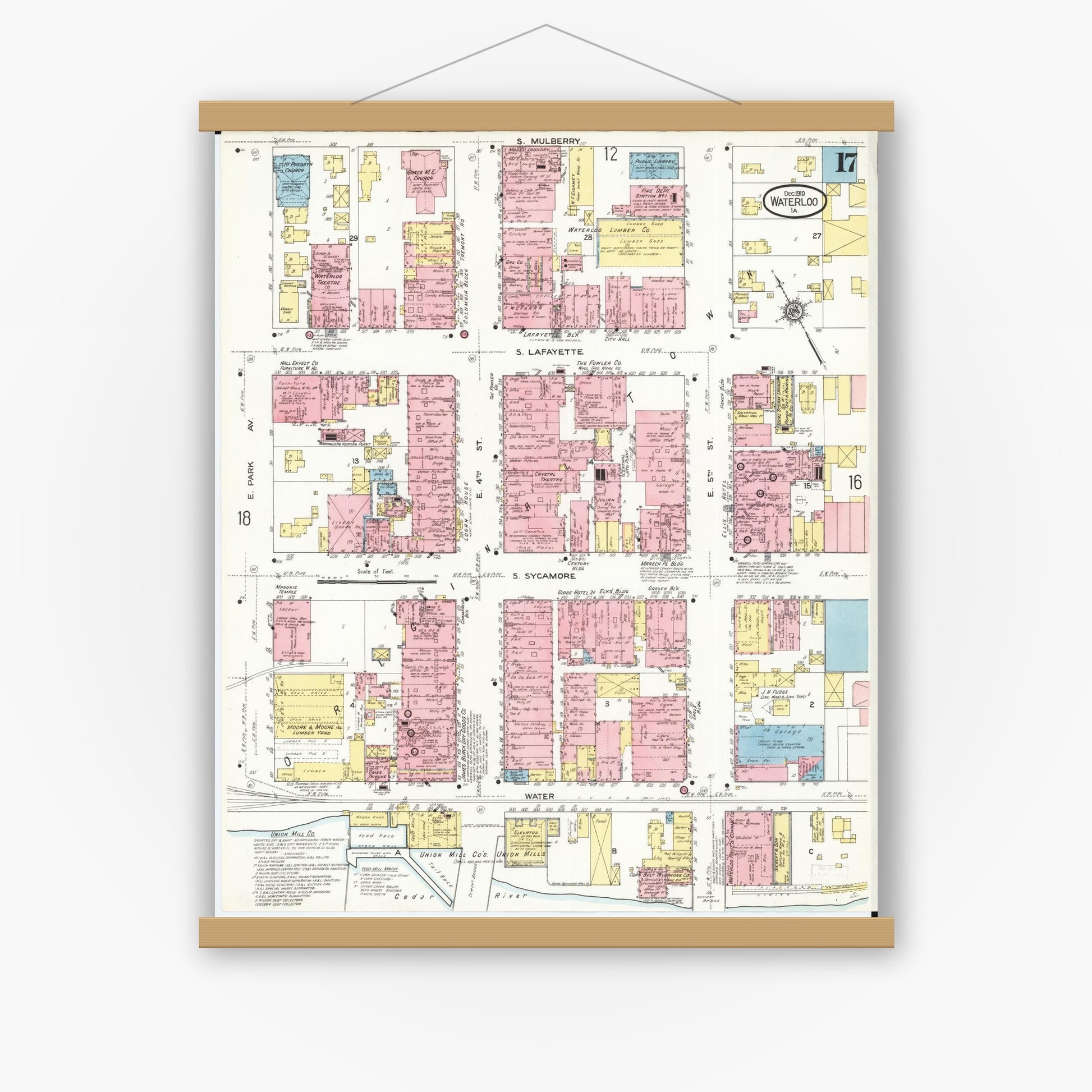 Old map wall art mockup — magnetic wood frame on white wall — Sanborn Fire Insurance Map from Waterloo, Black Hawk County, Iowa (1910), Sheet #0017