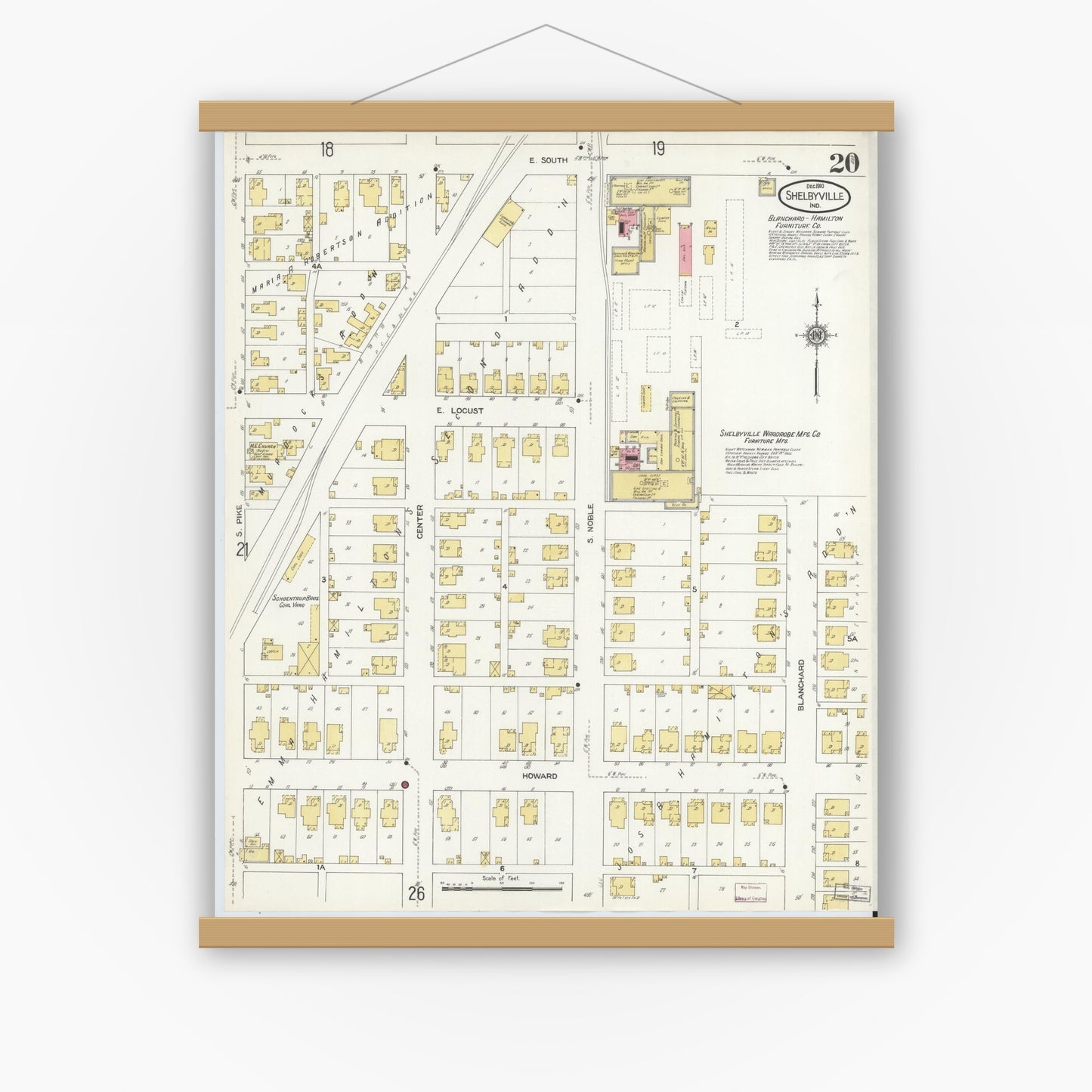 Old map wall art mockup — magnetic wood frame on white wall — Sanborn Fire Insurance Map from Shelbyville, Shelby County, Indiana (1910), Sheet #0020