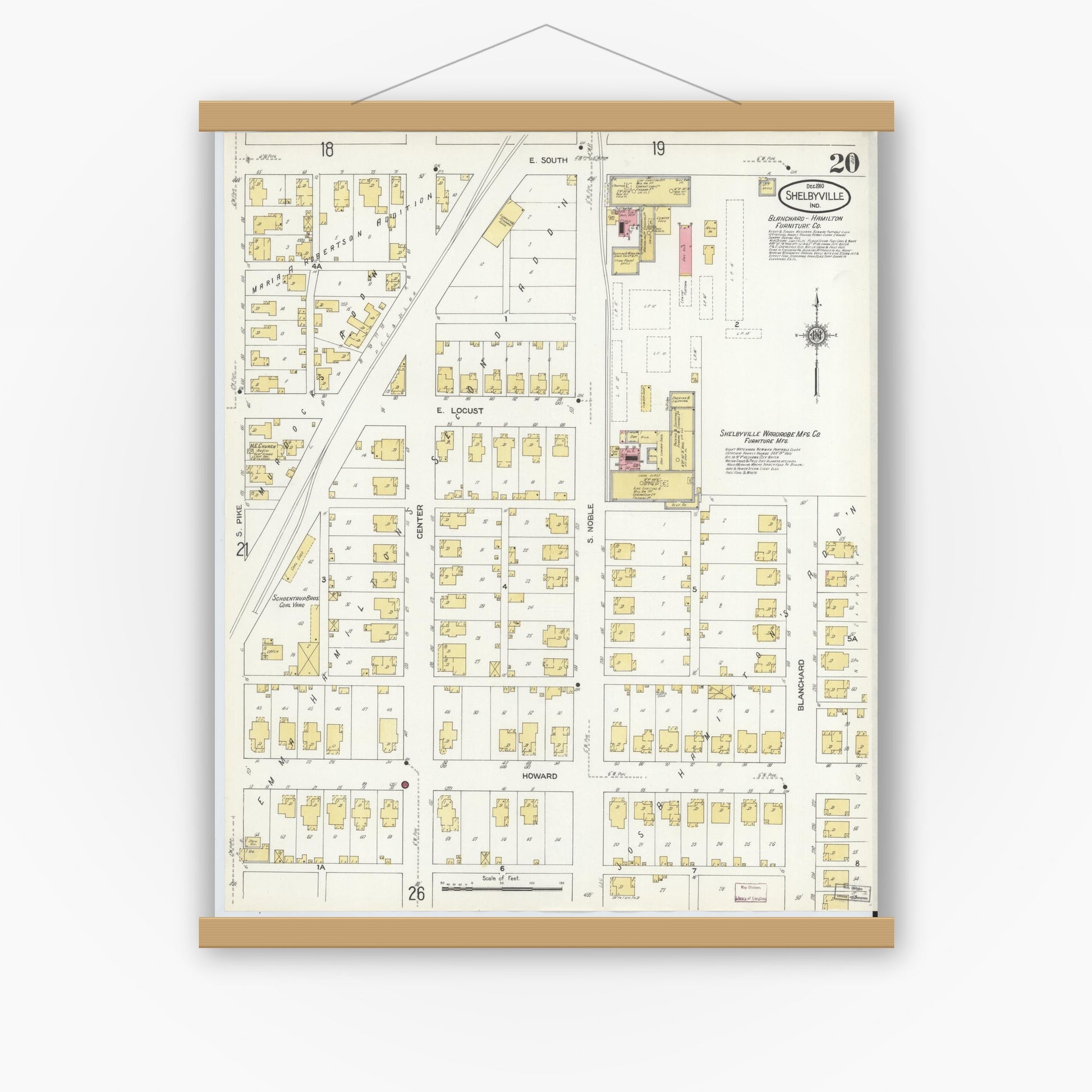 Old map wall art mockup — magnetic wood frame on white wall — Sanborn Fire Insurance Map from Shelbyville, Shelby County, Indiana (1910), Sheet #0020
