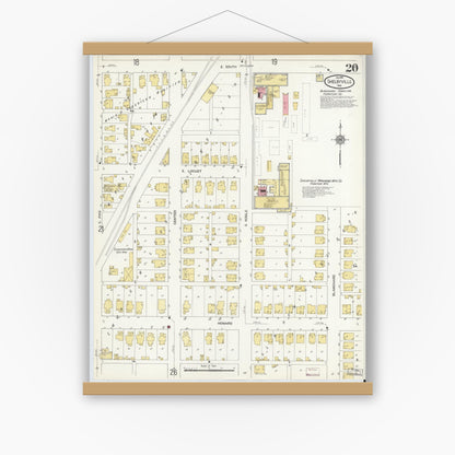 Old map wall art mockup — magnetic wood frame on white wall — Sanborn Fire Insurance Map from Shelbyville, Shelby County, Indiana (1910), Sheet #0020