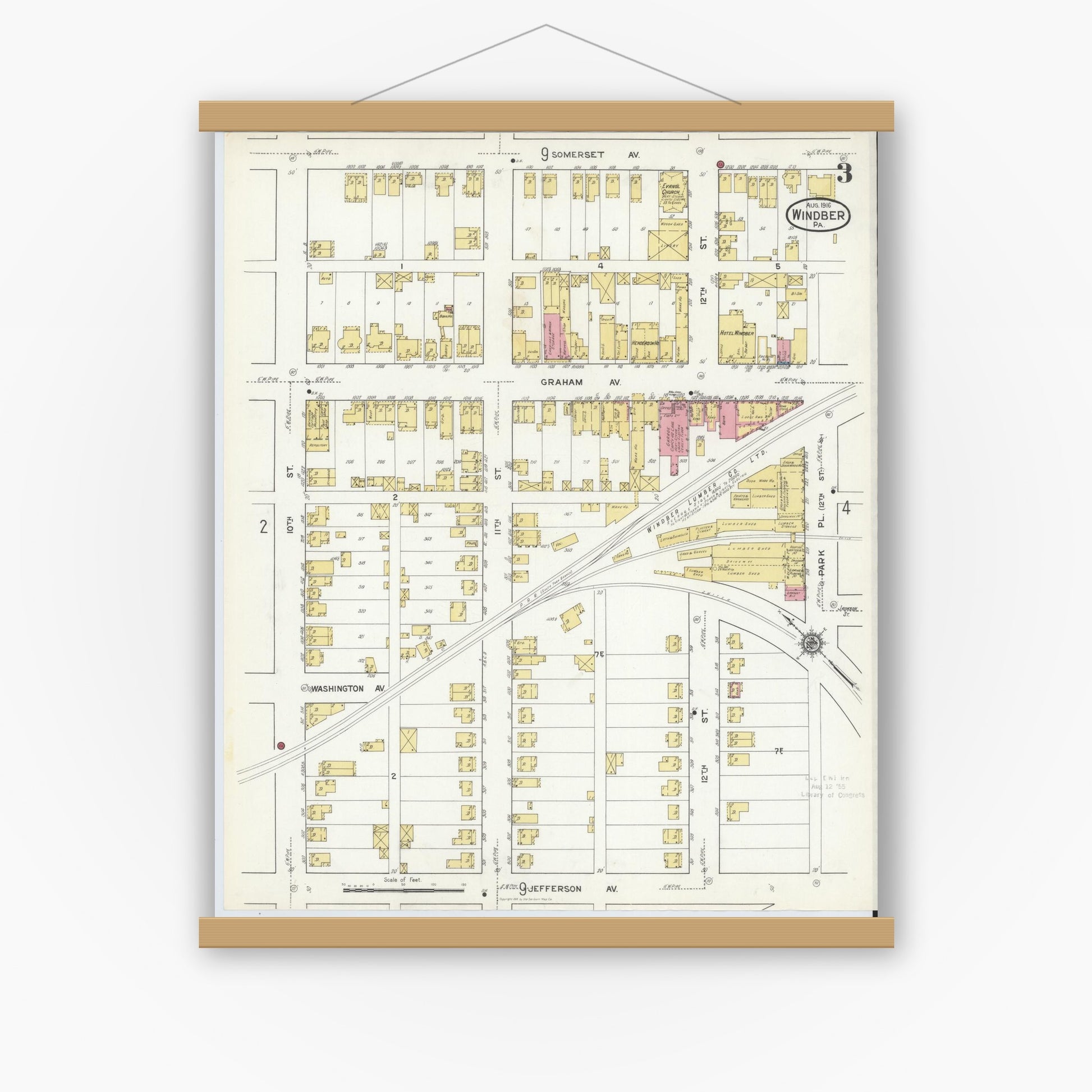 Old map wall art mockup — magnetic wood frame on white wall — Sanborn Fire Insurance Map from Windber, Somerset County, Pennsylvania (1916), Sheet #0003