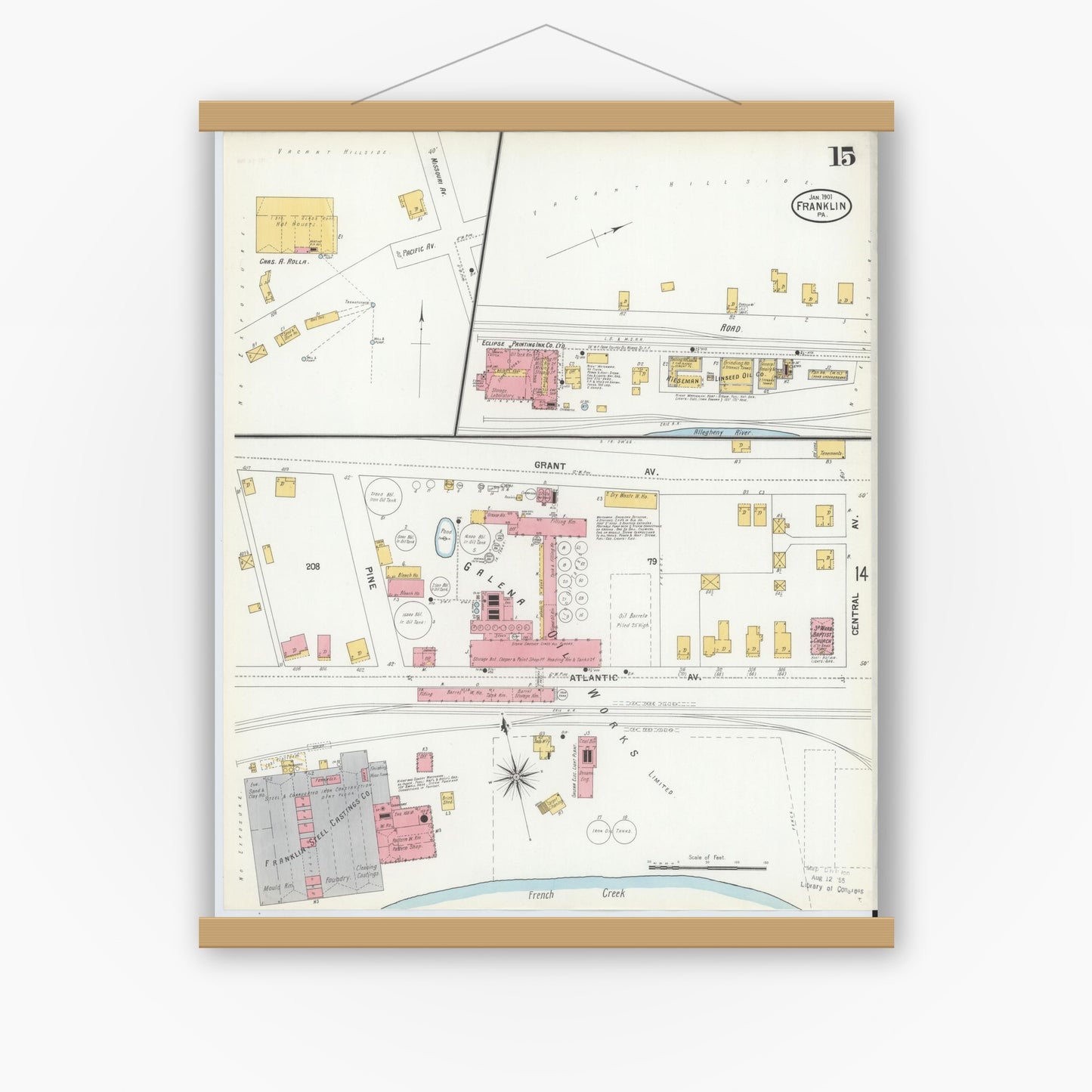 Old map wall art mockup — magnetic wood frame on white wall — Sanborn Fire Insurance Map from Franklin, Venango County, Pennsylvania (1901), Sheet #0015