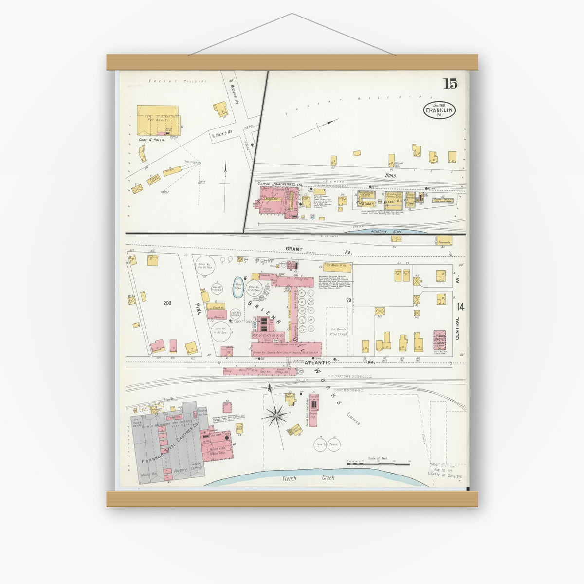 Old map wall art mockup — magnetic wood frame on white wall — Sanborn Fire Insurance Map from Franklin, Venango County, Pennsylvania (1901), Sheet #0015