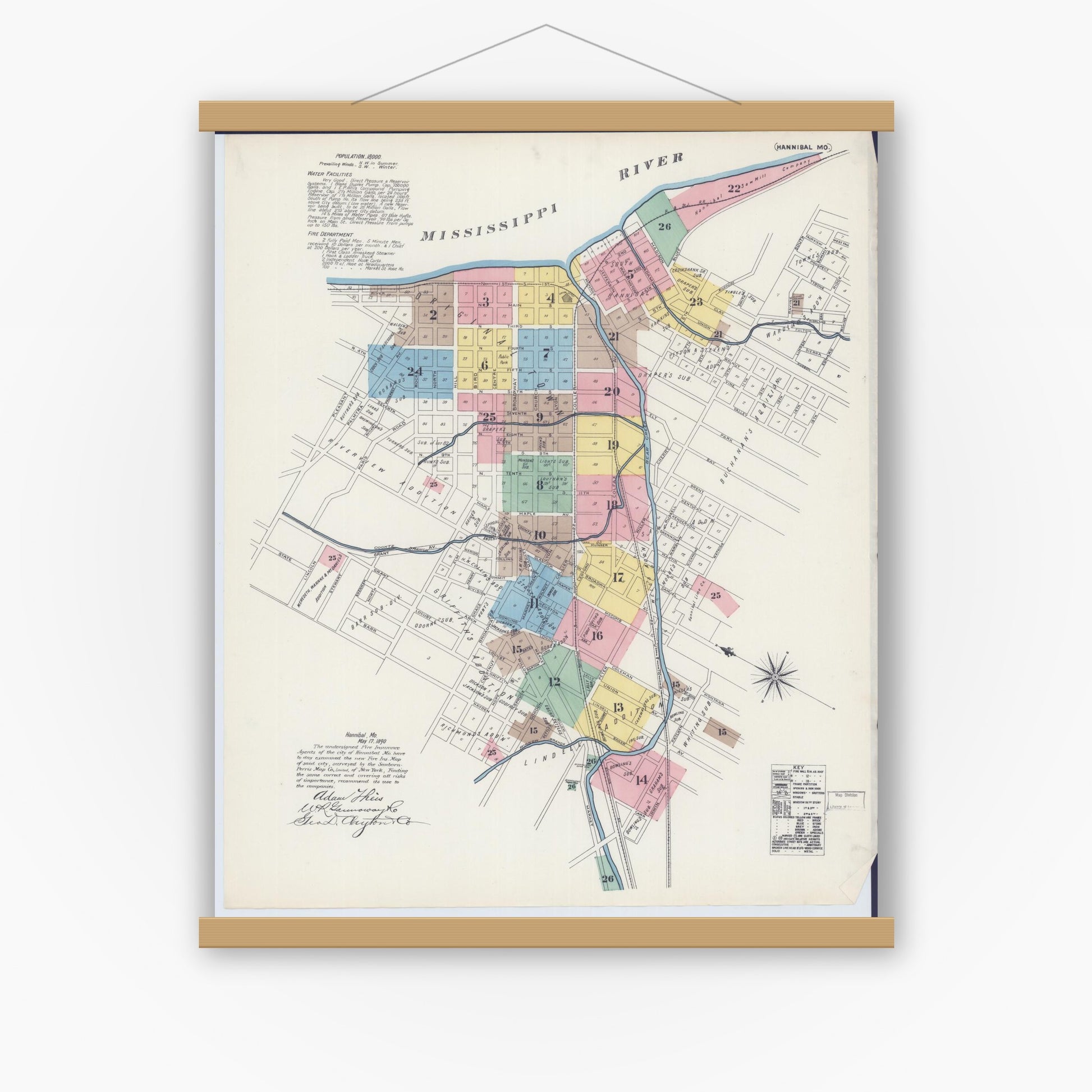 Old map wall art mockup — magnetic wood frame on white wall — Sanborn Fire Insurance Map from Hannibal, Marion County, Missouri (1890) - Complete Map Set