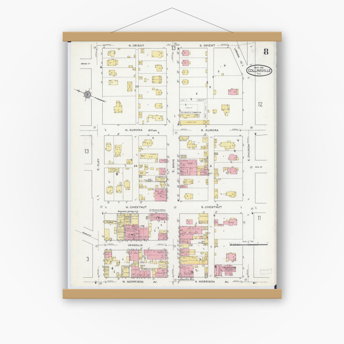Old map wall art mockup — magnetic wood frame on white wall — Sanborn Fire Insurance Map from Collinsville, Madison County, Illinois (1915), Sheet #0008