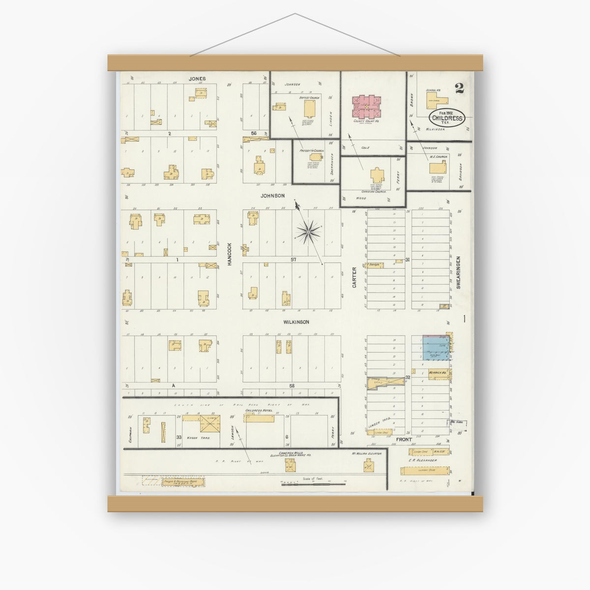 Old map wall art mockup — magnetic wood frame on white wall — Sanborn Fire Insurance Map from Childress, Childress County, Texas (1902), Sheet #0002