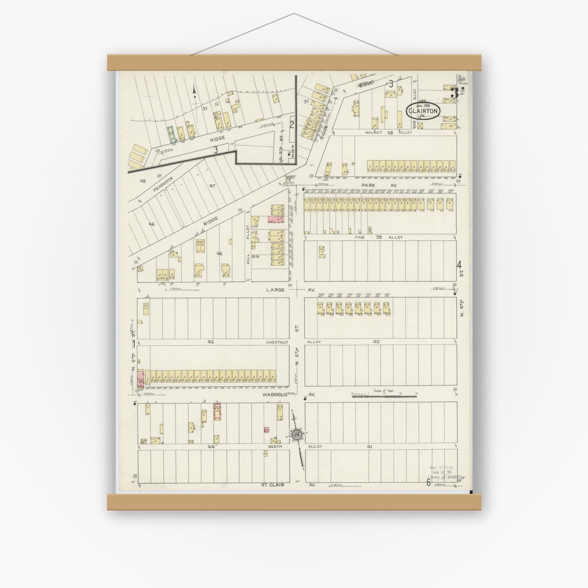 Old map wall art mockup — magnetic wood frame on white wall — Sanborn Fire Insurance Map from Clairton, Allegheny County, Pennsylvania (1915), Sheet #0003