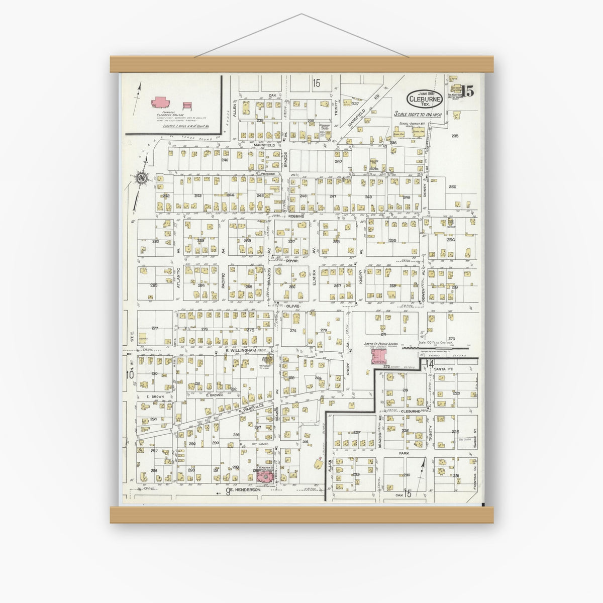 Old map wall art mockup — magnetic wood frame on white wall — Sanborn Fire Insurance Map from Cleburne, Johnson County, Texas (1918), Sheet #0015