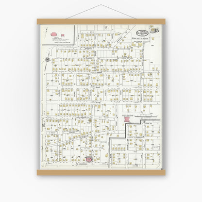 Old map wall art mockup — magnetic wood frame on white wall — Sanborn Fire Insurance Map from Cleburne, Johnson County, Texas (1918), Sheet #0015