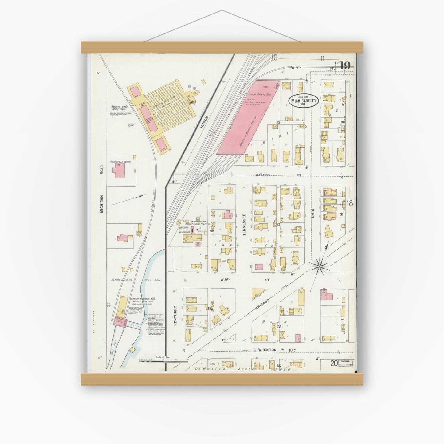 Old map wall art mockup — magnetic wood frame on white wall — Sanborn Fire Insurance Map from Michigan City, La Porte County, Indiana (1899), Sheet #0019