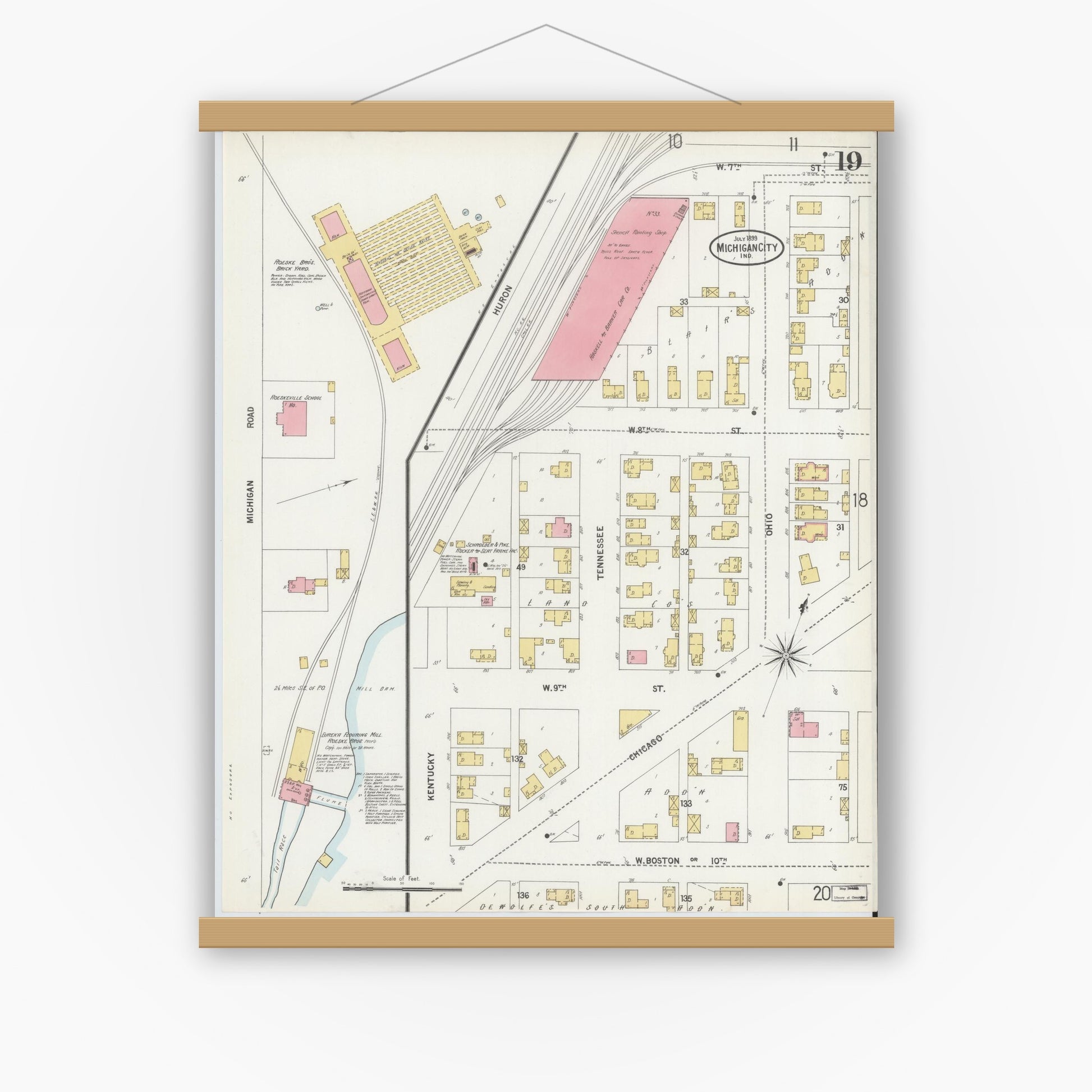 Old map wall art mockup — magnetic wood frame on white wall — Sanborn Fire Insurance Map from Michigan City, La Porte County, Indiana (1899), Sheet #0019