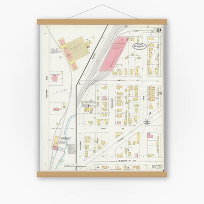 Old map wall art mockup — magnetic wood frame on white wall — Sanborn Fire Insurance Map from Michigan City, La Porte County, Indiana (1899), Sheet #0019