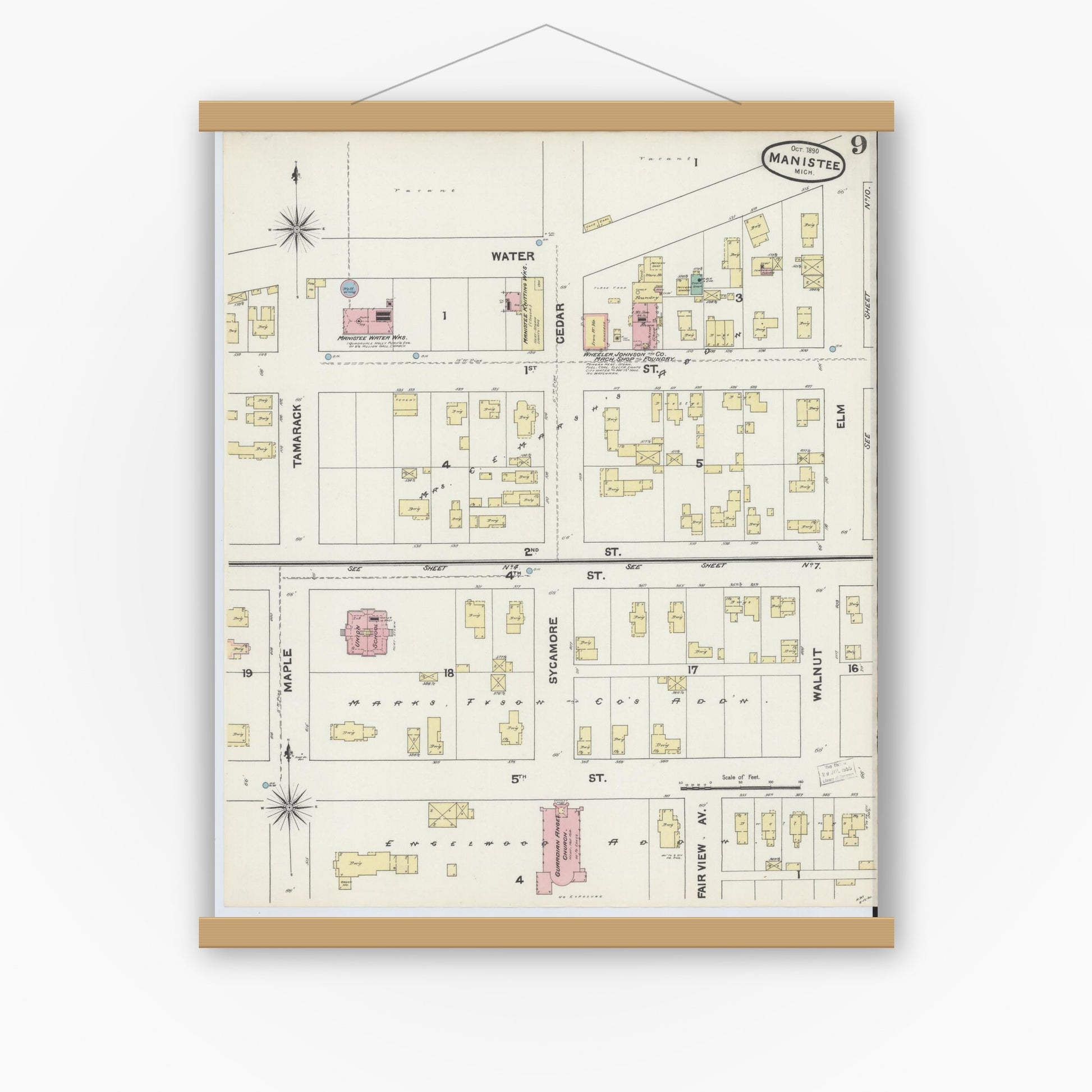 Old map wall art mockup — magnetic wood frame on white wall — Sanborn Fire Insurance Map from Manistee, Manistee County, Michigan (1890), Sheet #0009