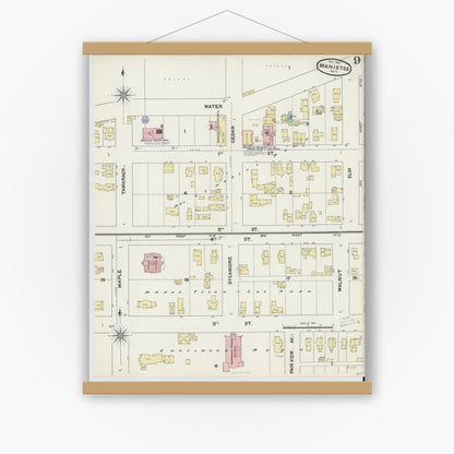Old map wall art mockup — magnetic wood frame on white wall — Sanborn Fire Insurance Map from Manistee, Manistee County, Michigan (1890), Sheet #0009
