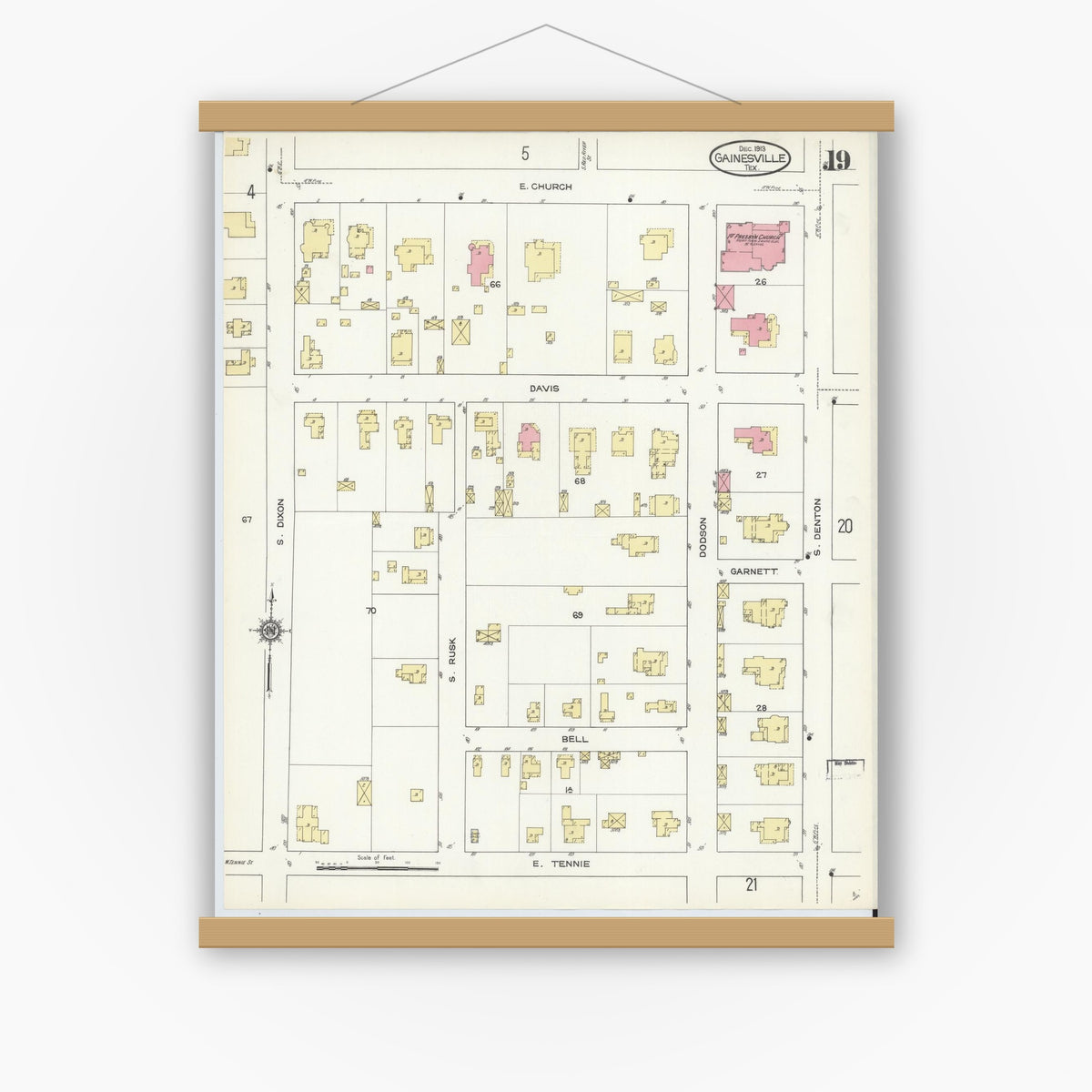 Old map wall art mockup — magnetic wood frame on white wall — Sanborn Fire Insurance Map from Gainesville, Cooke County, Texas (1913), Sheet #0019