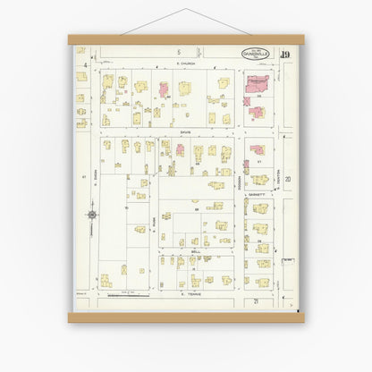 Old map wall art mockup — magnetic wood frame on white wall — Sanborn Fire Insurance Map from Gainesville, Cooke County, Texas (1913), Sheet #0019