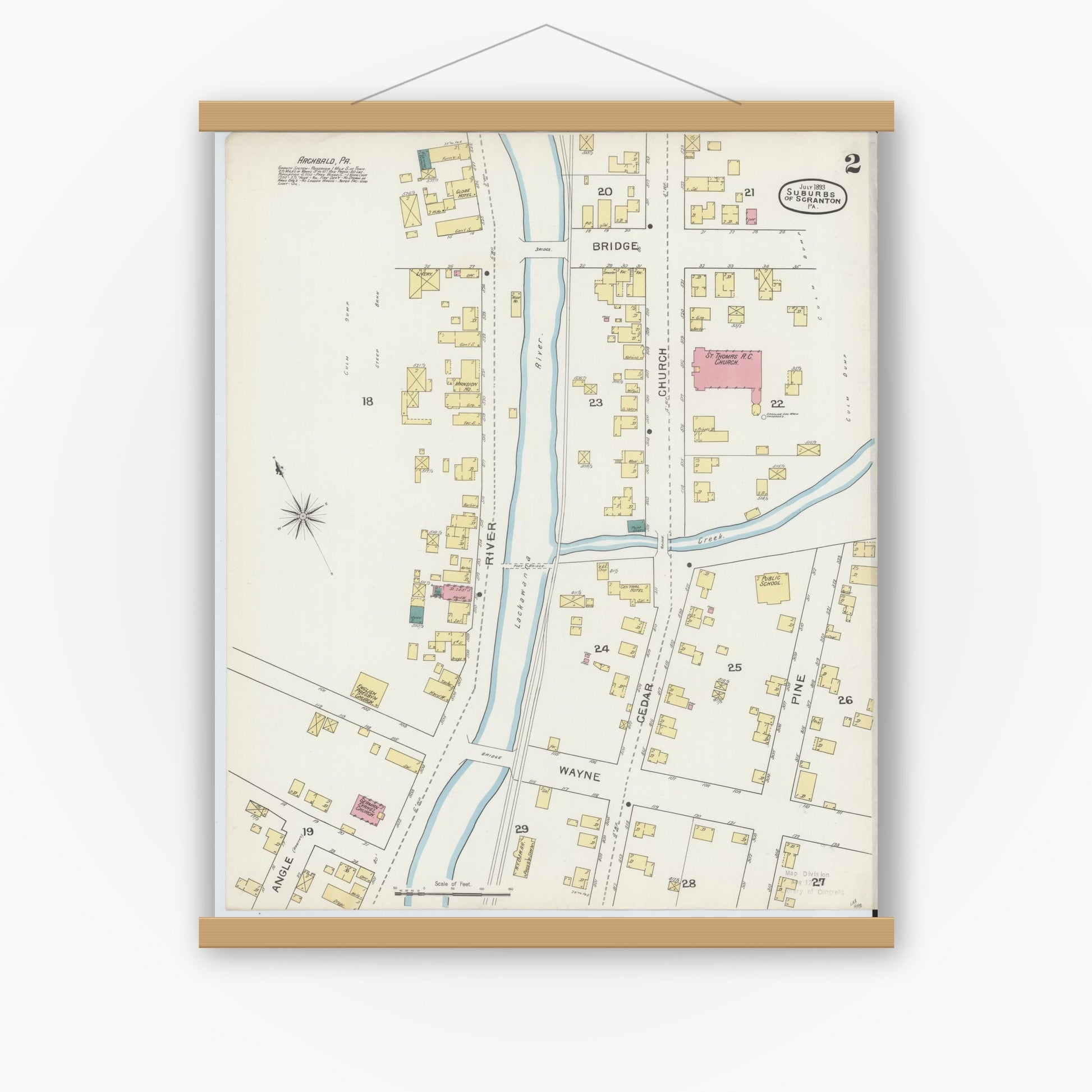 Old map wall art mockup — magnetic wood frame on white wall — Sanborn Fire Insurance Map from Scranton Suburbs, Lackawanna County, Pennsylvania (1893), Sheet #0002