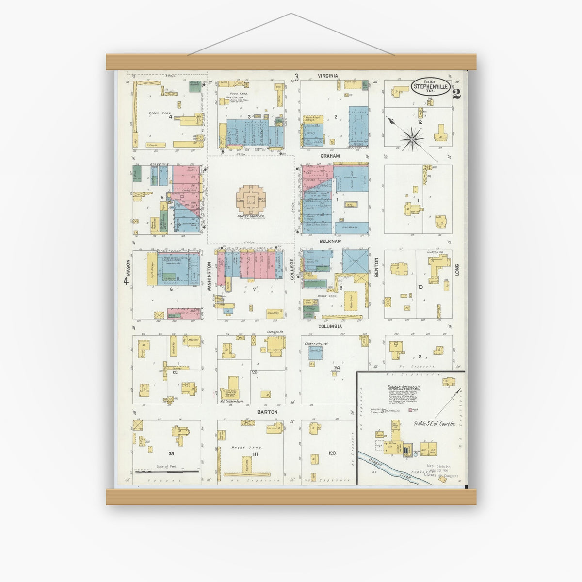 Old map wall art mockup — magnetic wood frame on white wall — Sanborn Fire Insurance Map from Stephenville, Erath County, Texas (1902), Sheet #0002