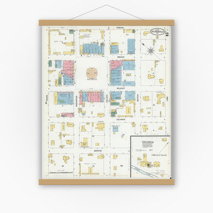 Old map wall art mockup — magnetic wood frame on white wall — Sanborn Fire Insurance Map from Stephenville, Erath County, Texas (1902), Sheet #0002