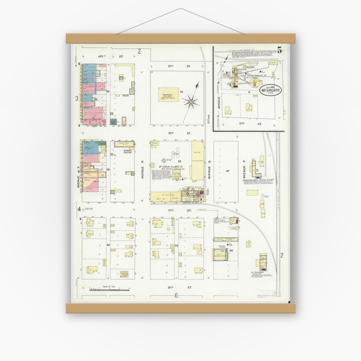 Old map wall art mockup — magnetic wood frame on white wall — Sanborn Fire Insurance Map from McGregor, McLennan County, Texas (1909), Sheet #0005