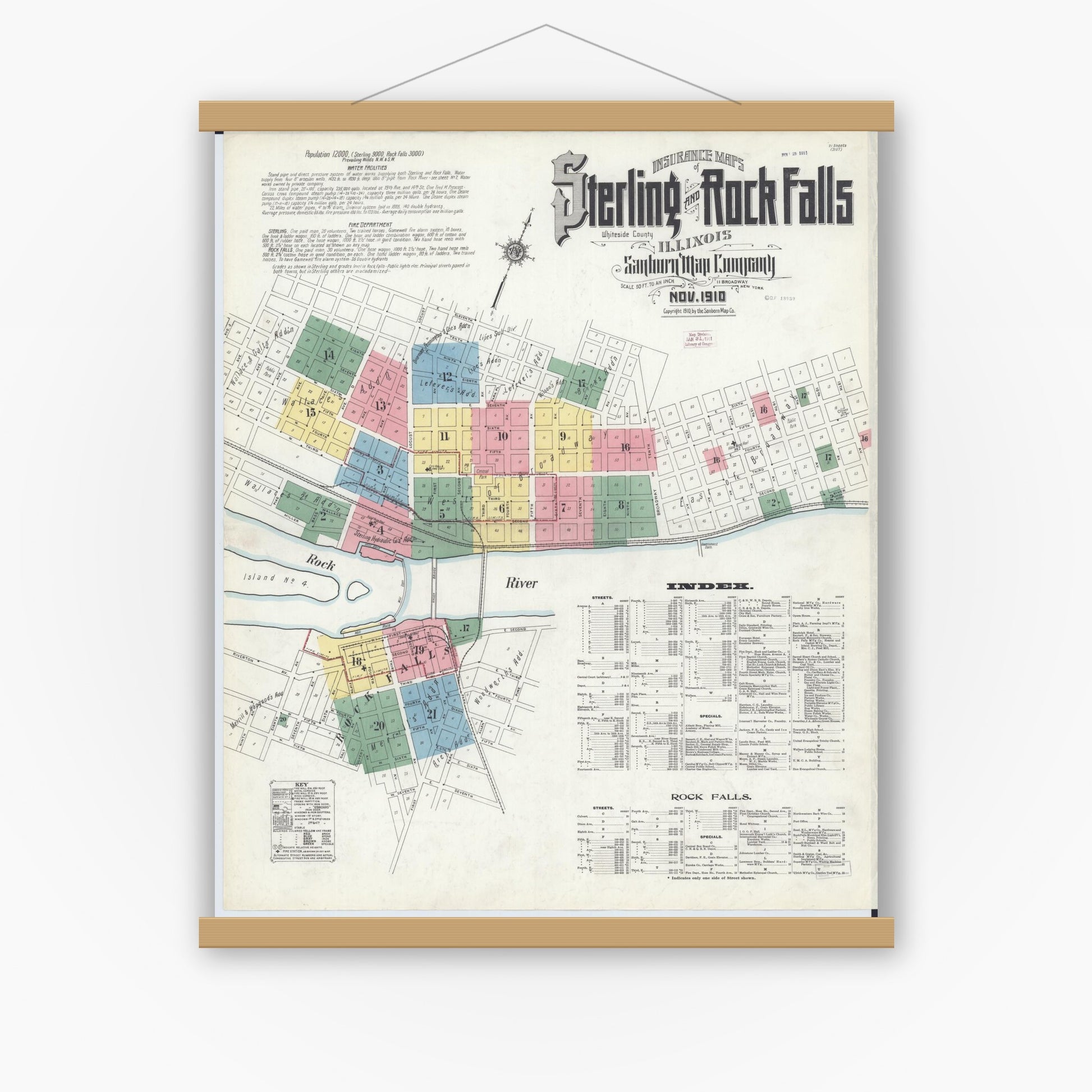 Old map wall art mockup — magnetic wood frame on white wall — Sanborn Fire Insurance Map from Sterling, Whiteside County, Illinois (1910) - Complete Map Set