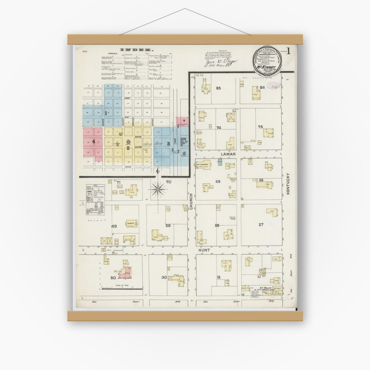 Old map wall art mockup — magnetic wood frame on white wall — Sanborn Fire Insurance Map from McKinney, Collin County, Texas (1888) - Complete Map Set