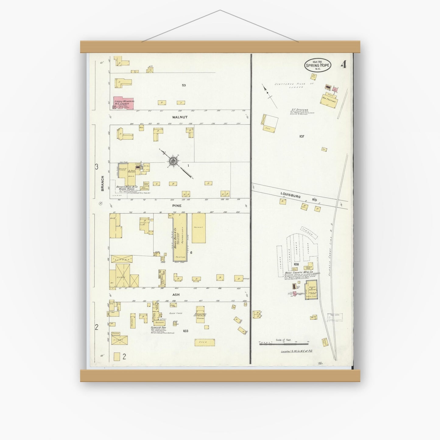 Old map wall art mockup — magnetic wood frame on white wall — Sanborn Fire Insurance Map from Spring Hope, Nash County, North Carolina (1911), Sheet #0004