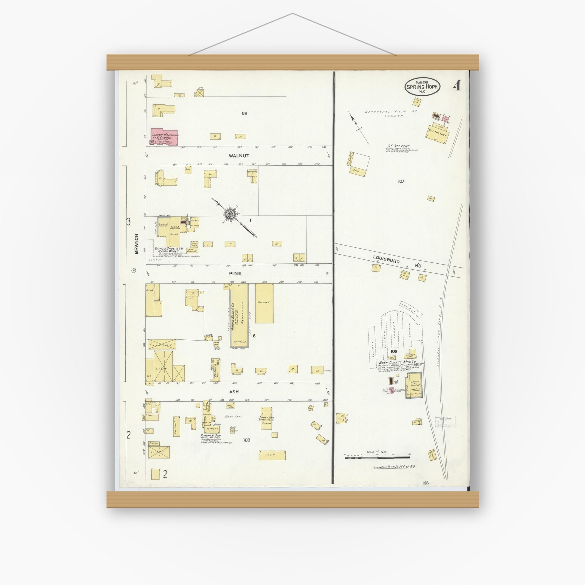 Old map wall art mockup — magnetic wood frame on white wall — Sanborn Fire Insurance Map from Spring Hope, Nash County, North Carolina (1911), Sheet #0004