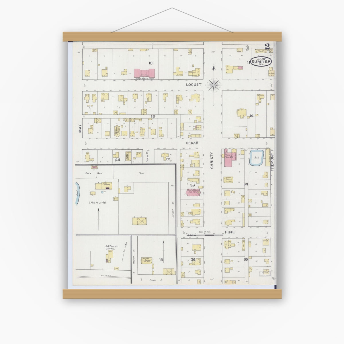Old map wall art mockup — magnetic wood frame on white wall — Sanborn Fire Insurance Map from Sumner, Lawrence County, Illinois (1894), Sheet #0002
