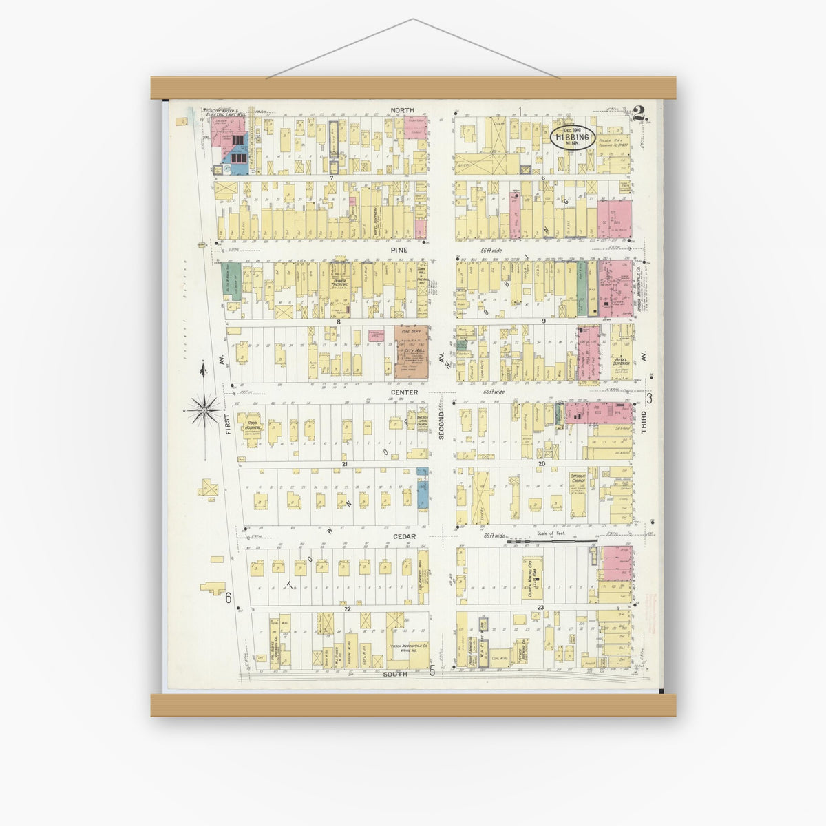 Old map wall art mockup — magnetic wood frame on white wall — Sanborn Fire Insurance Map from Hibbing, Saint Louis County, Minnesota (1908), Sheet #0002
