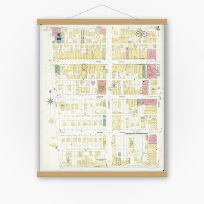 Old map wall art mockup — magnetic wood frame on white wall — Sanborn Fire Insurance Map from Hibbing, Saint Louis County, Minnesota (1908), Sheet #0002