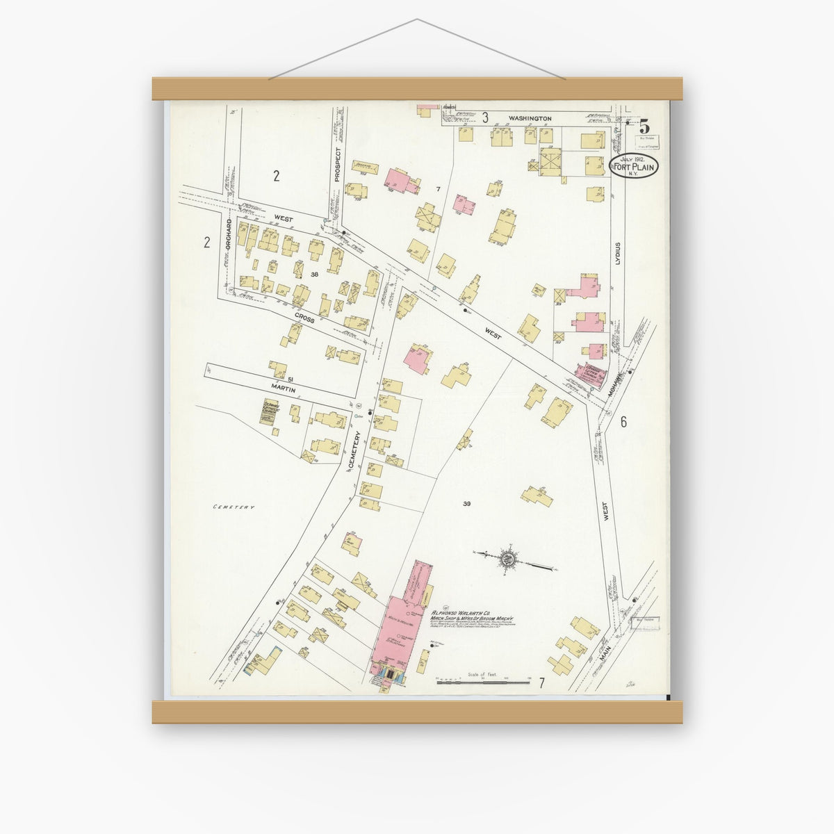Old map wall art mockup — magnetic wood frame on white wall — Sanborn Fire Insurance Map from Fort Plain, Montgomery County, New York (1912), Sheet #0005