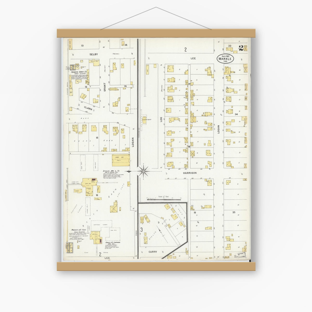 Old map wall art mockup — magnetic wood frame on white wall — Sanborn Fire Insurance Map from Markle, Huntington County, Indiana (1907), Sheet #0002